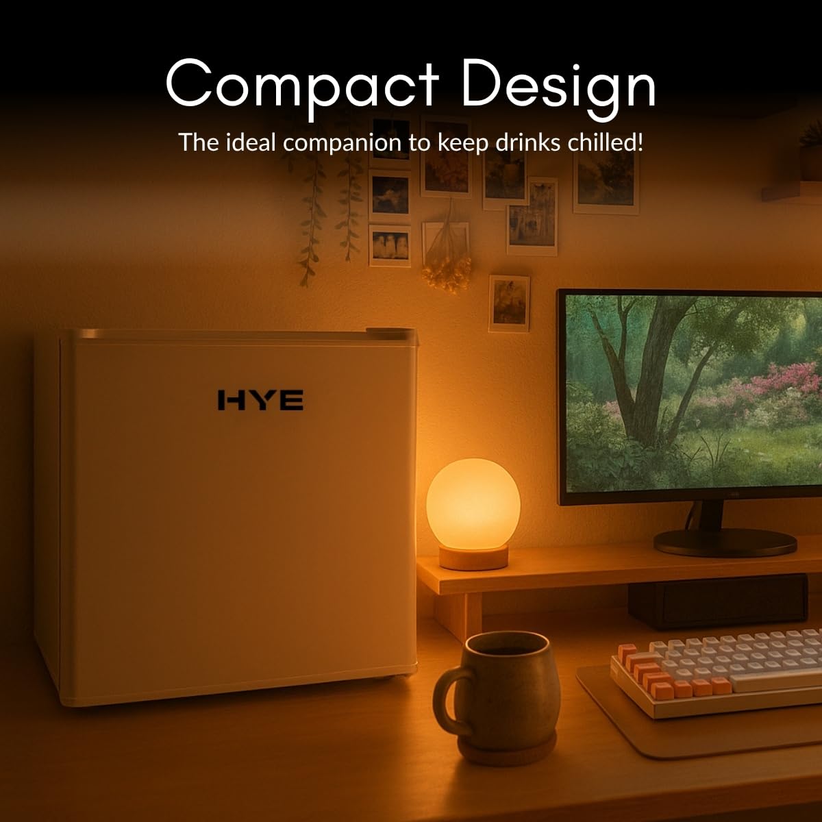 HYE Mini Fridge - Drinks Fridge, 46L Capacity, Stylish & Freestanding Design, Quiet 40 dB Operation, 47.5cm Width, White, Perfect For Bedrooms, Offices & Student Rooms - RF01MBF46W23 — view 3