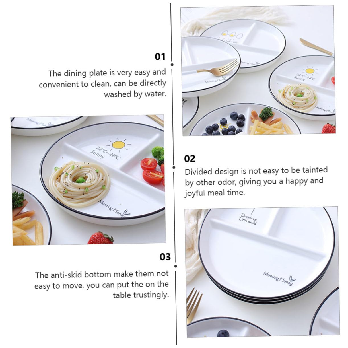 Assiette à Manger à 3 Compartiments en Céramique, Lot de 2