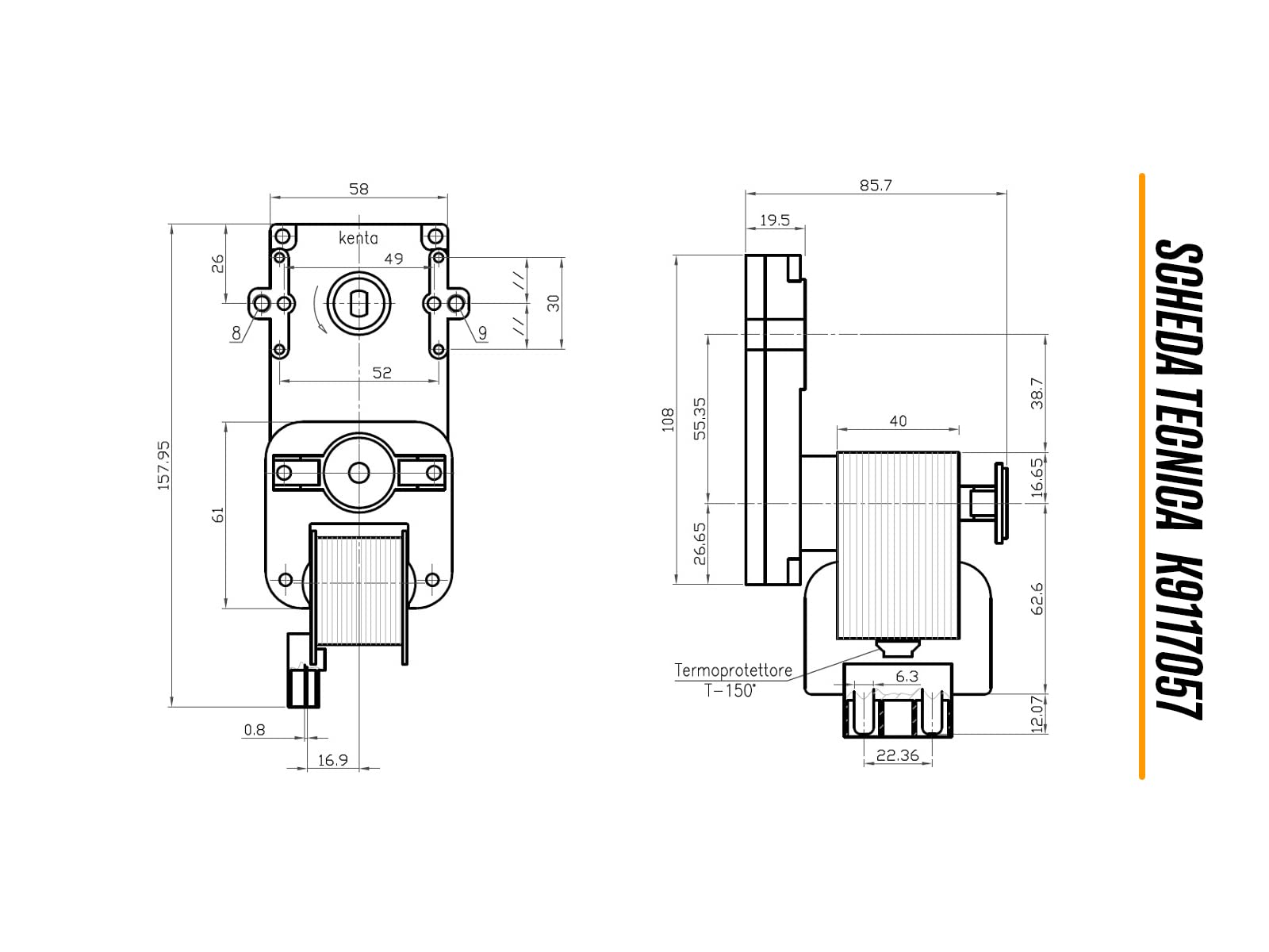 ERICAMBI, Motoriduttore K9117057 Kenta serie 911 per Stufe a Pellet, Velocità 2rpm, Pacco Lamellare 40mm, Ø Albero 8,5mm, Senso di Rotazione Antioraria, Spianatura Doppia, Edilkamin