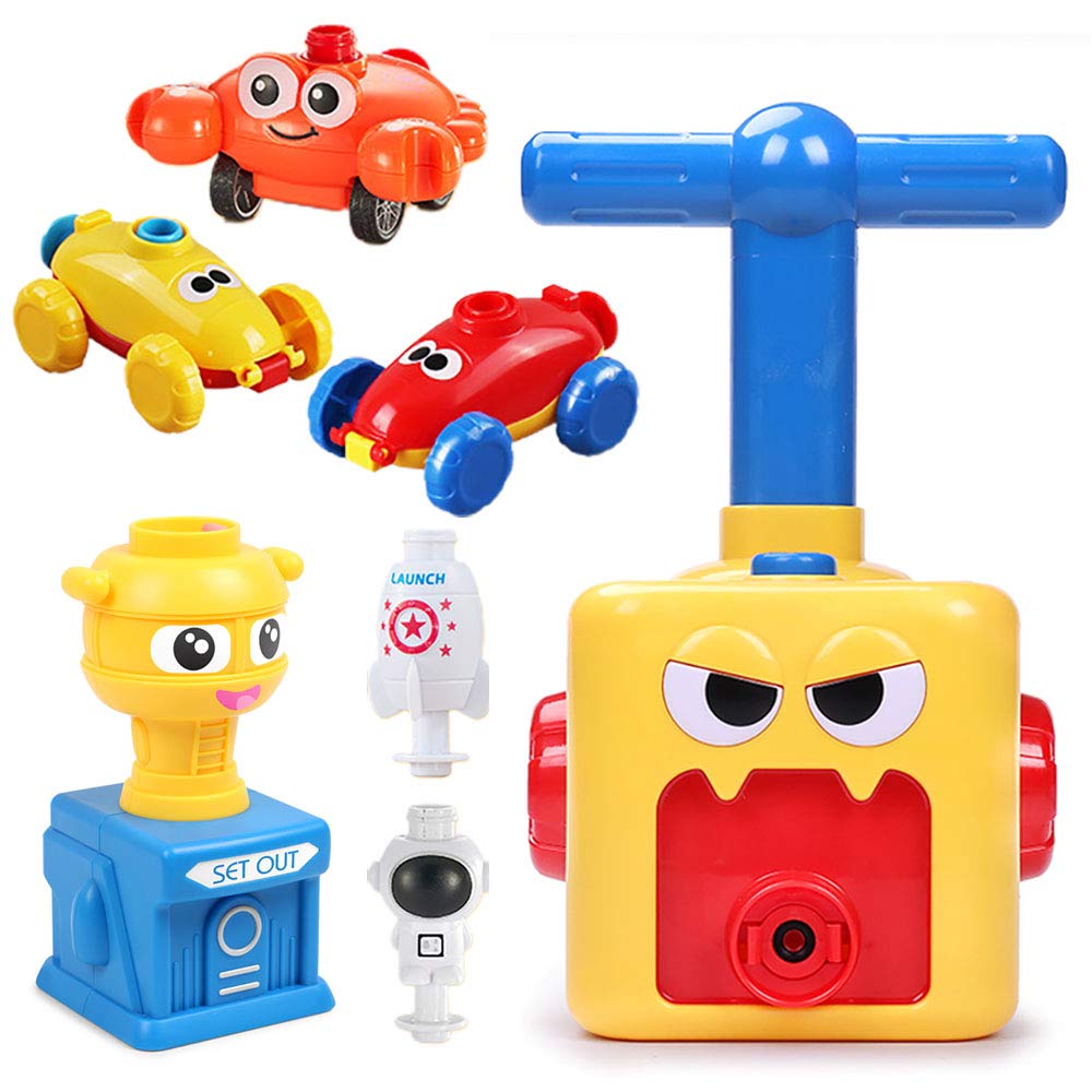 NEXTAKEBalloon Powered Car Balloon Launch Toy Inertial Power Vehicle Toy Air Powered Racer Launcher Spaceman Rocket Cute Crab STEM Toy for Kids with 12 Balloons (Monster with Yellow Launcher)