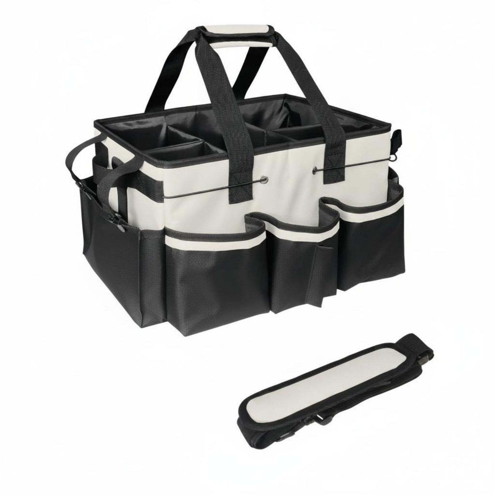 Cleaning Supply Carrier Large Capacity Multi-Compartment Tool Tote Includes Shoulder Strap Car Trunk Organizer for Technicians, Gardeners, Garden Beige-image-36