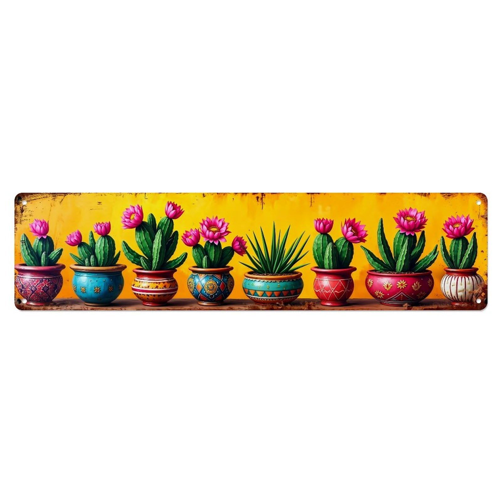 Colorful Cacti Pots With Flowers Metal Tin Sign Plaque