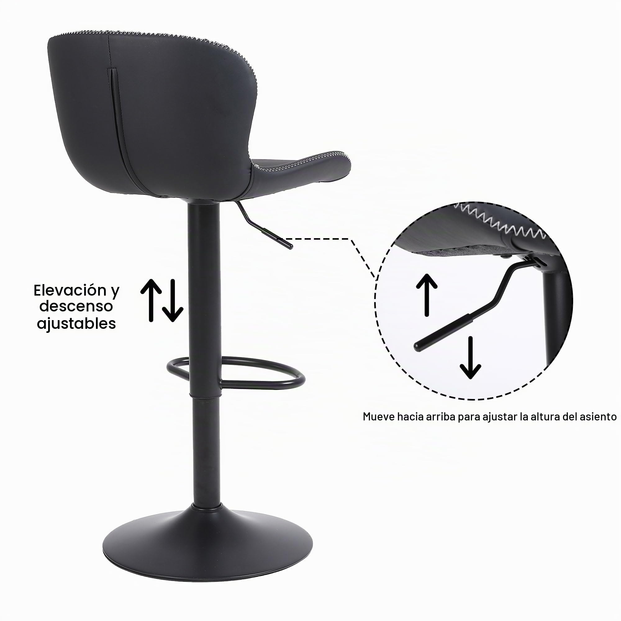 Youhauchair Taburetes Altos de Cocina Juego de 2, Taburete de Bar Regulable en Altura en Cuero PU, Taburete Alto con Respaldo y Reposapiés, Taburete Cocina Giratorio, Moderno, Negro