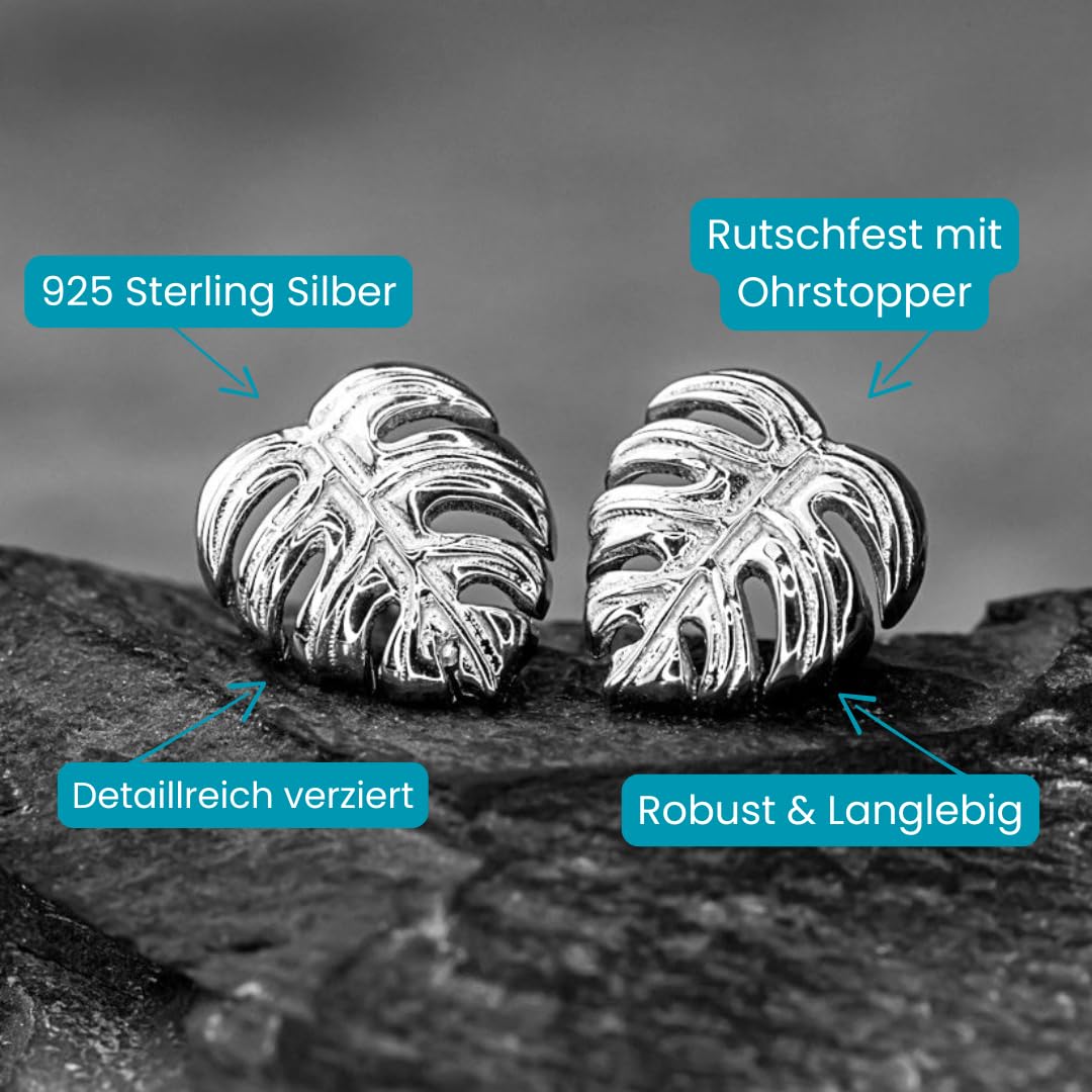 Madamlili 925 Sterling Silber Monstera Ohrstecker | Natürliche Blätter Ohrringe | Tropisch & Handgefertigt | Hypoallergen & Nickelfrei | Perfektes Geschenk für Natur-Liebhaberinnen