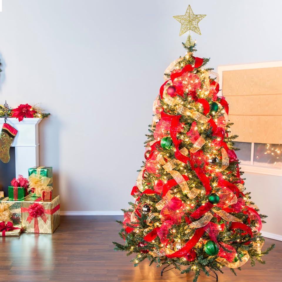 TEHAUX Christmas Tree Star Topper, 5 Point Metal Treetop Decoration with Golden Glitter Powder, Shimmery Tree Topper for Xmas Decorations, 9. 84 X 7. 87 Inches