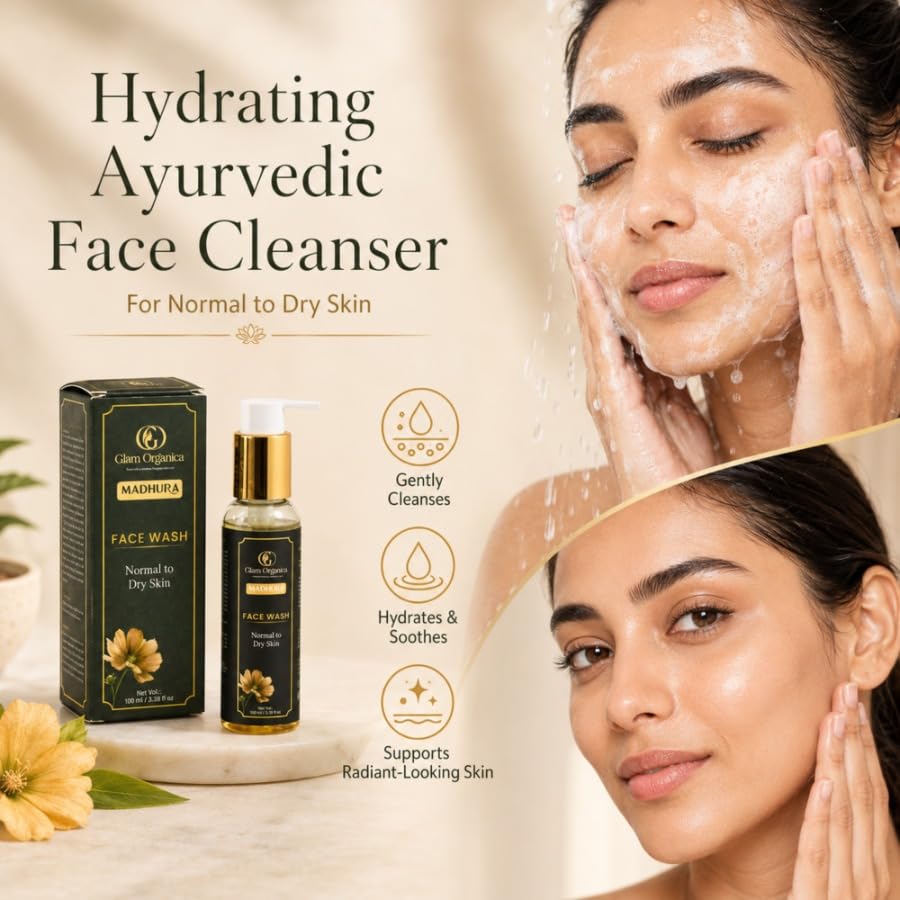 Image of Madhura Ayurvedic Face Wash with Almond & Kumud Flower Extract | Gentle Daily Cleanser for Normal to Dry Skin | Hydrating & Skin Brightening | Sulphate & Paraben Free | 100 ml