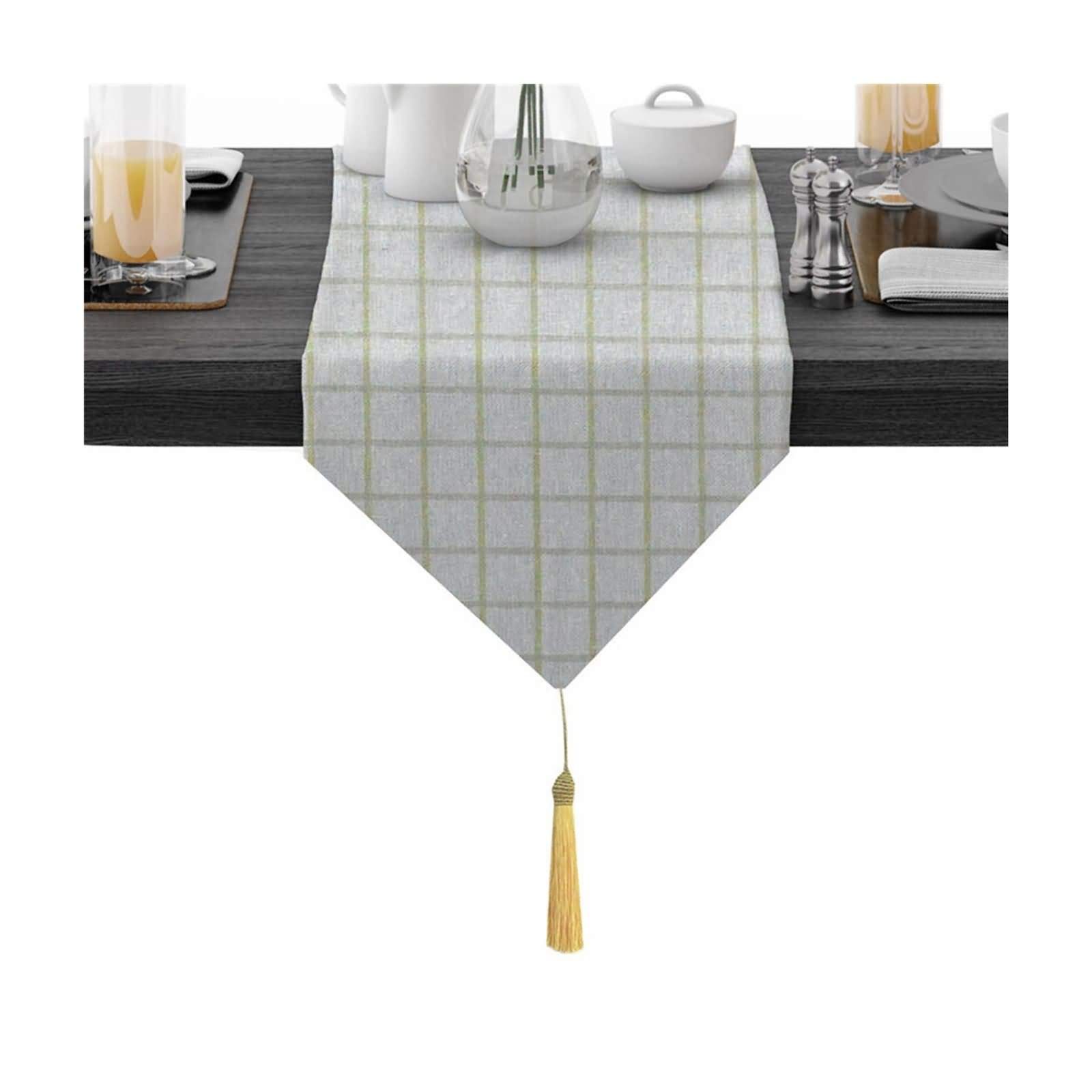 Tischläufer Damast, Tischdecke Grau Grün Gelb Lilie Stickerei Rund Gitter Tischläufer Cotton 30x140CM