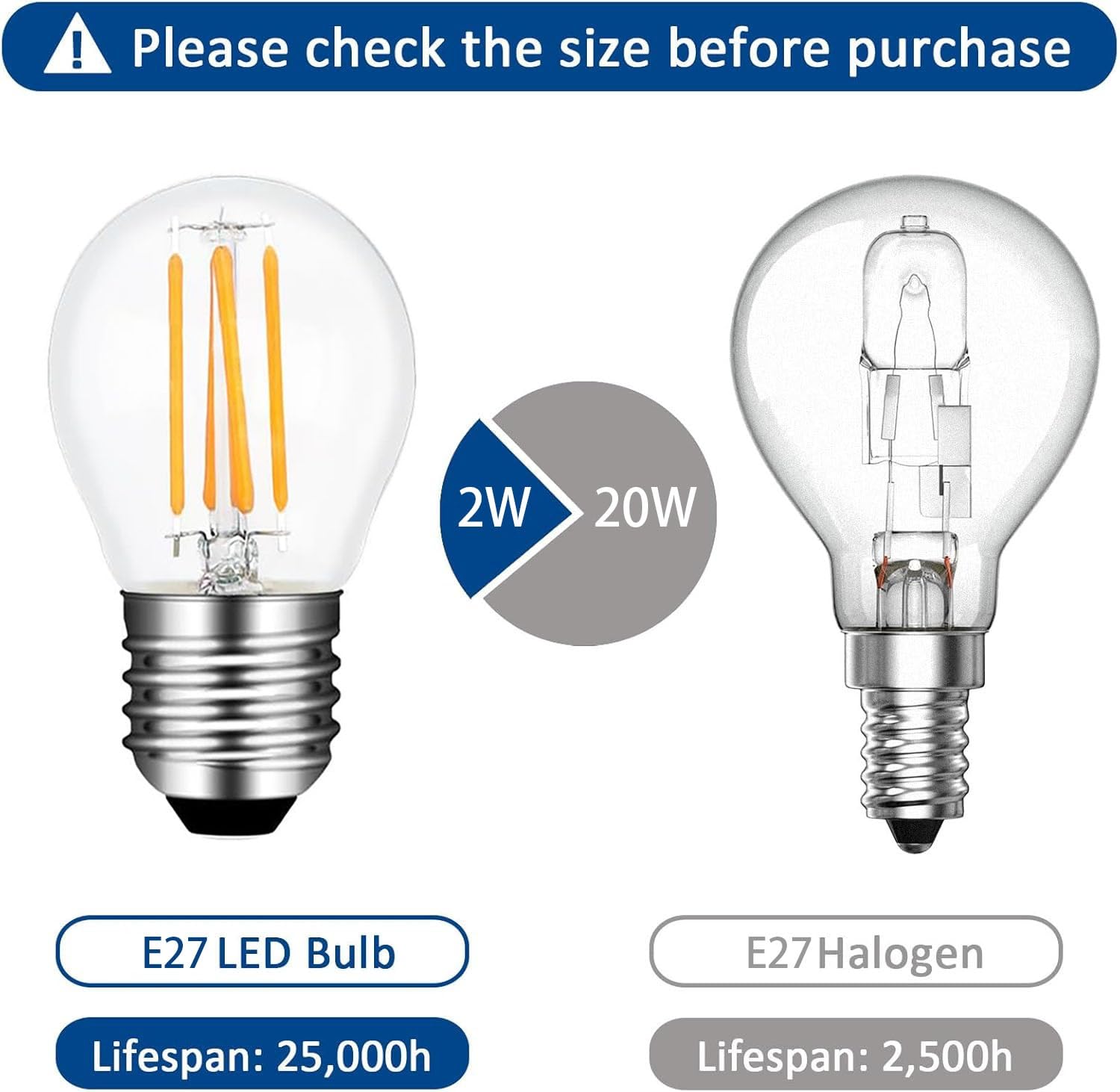 lampadina, Lampadina a filamento LED E27 G45 2W, AC 220V, 200LM, lampadine a(White)