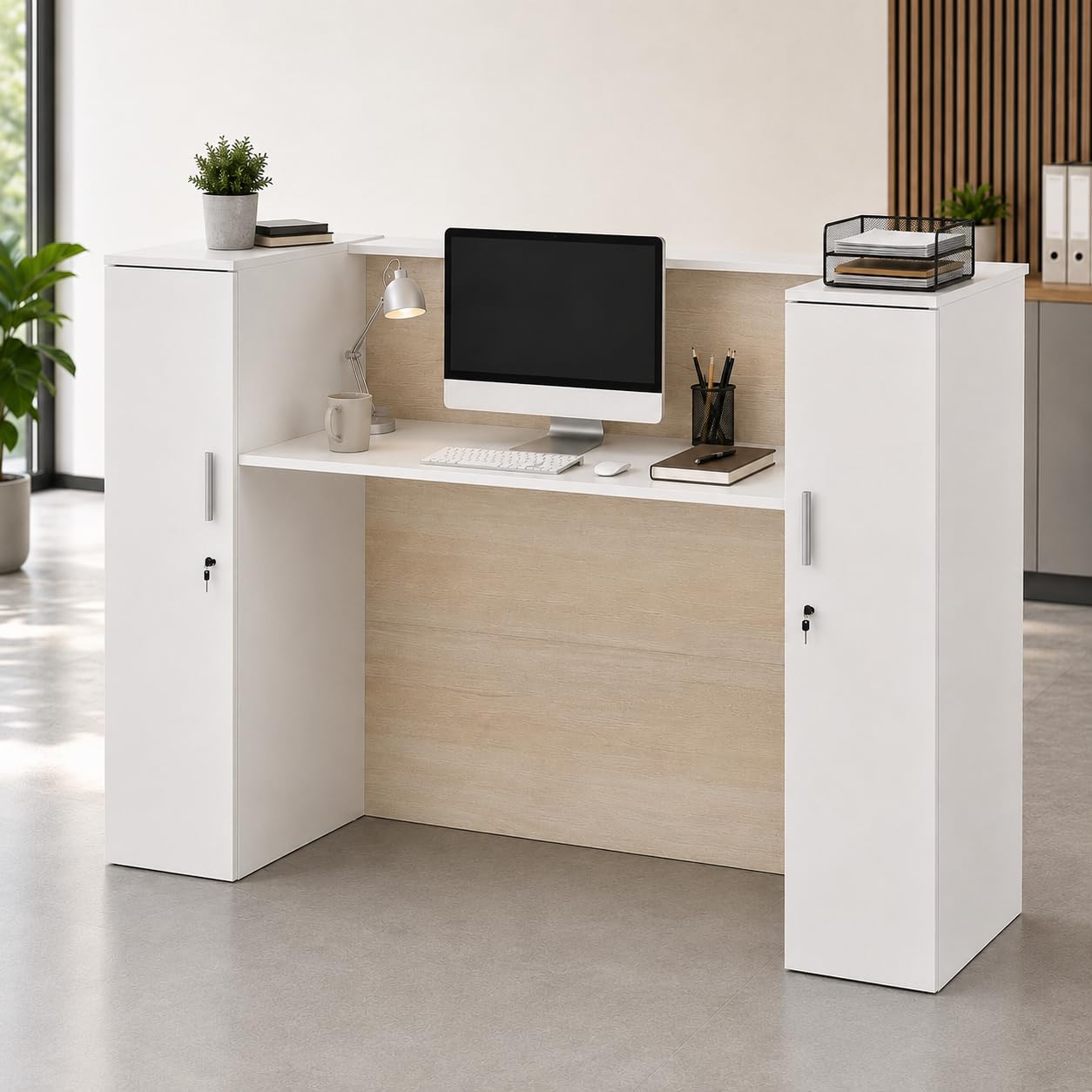 PREMTURE Empfangstresen Weiß-Holzfarbe 180cm – Kassentresen mit 2 abschließbaren Schränken & verstellbaren Einlegeböden – Große Rezeptionstheke für Büro  Hotel  Salon  180×110×60cm
