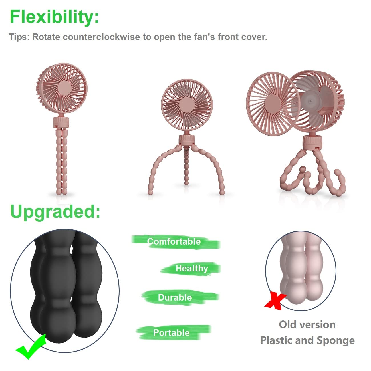 Ventilateur Portable pour Poussette, Batterie Rechargeable par USB, mini Ventilateur de Bébé avec 3 Vitesses, Rotatifà 360° et Clip de Trépied Flexible pour Siège de Voiture, Camping - Rose