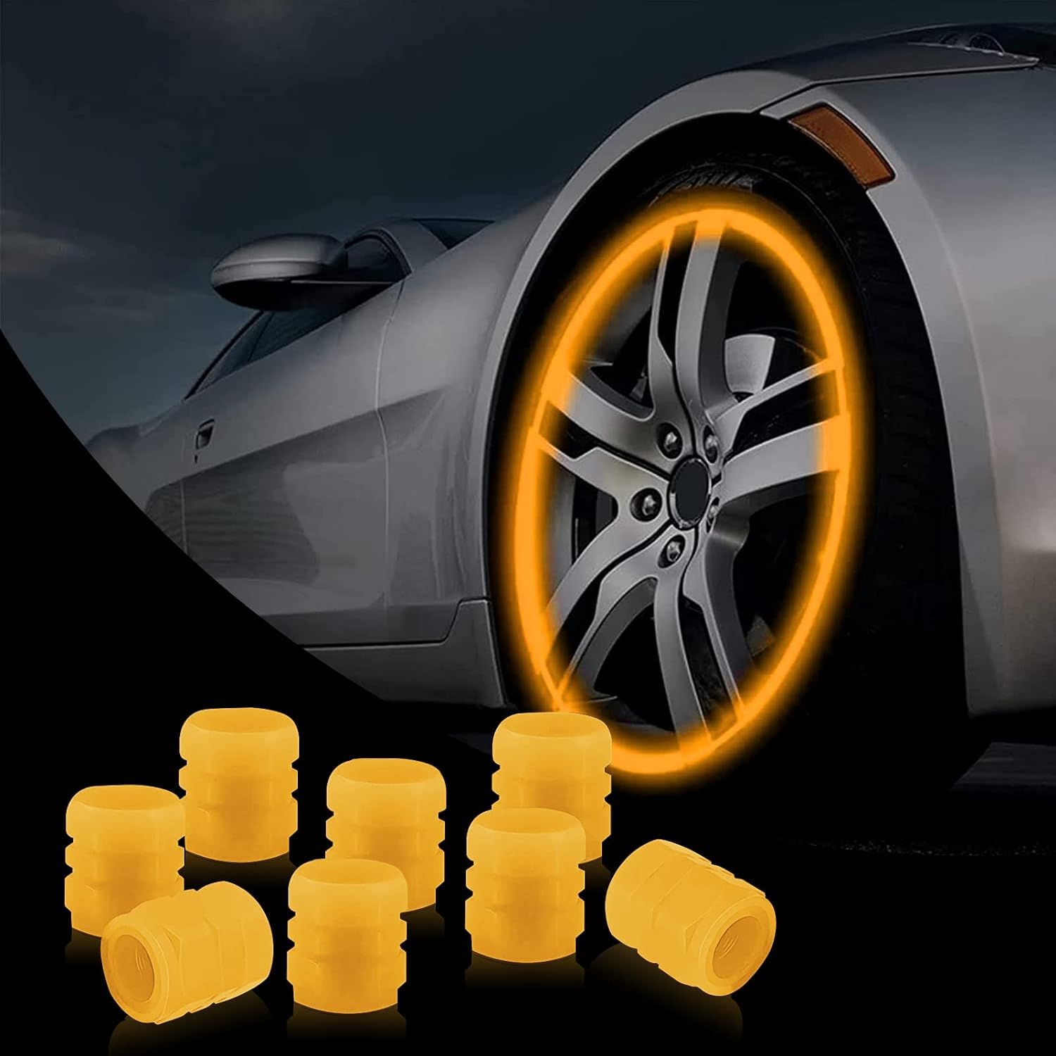 Lonimia 24 PCS Dust Caps for Car Tyres, Fluorescent Car Tire Valve Caps, Universal Valve Caps Fashion Luminous Tyre Caps for General Cars SUV Motorbike Trucks Bicycle Decoration（Yellow)