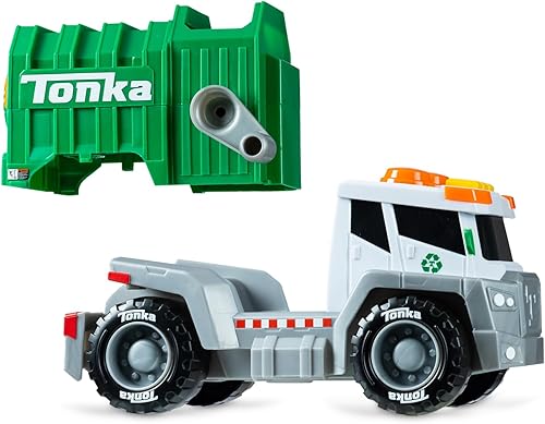 Miniatura 5 de Tonka, Crank and Haul - Camión de basura fabricado con plástico resistente, camión de construcción de juguete blanco y verde para niños, a partir de