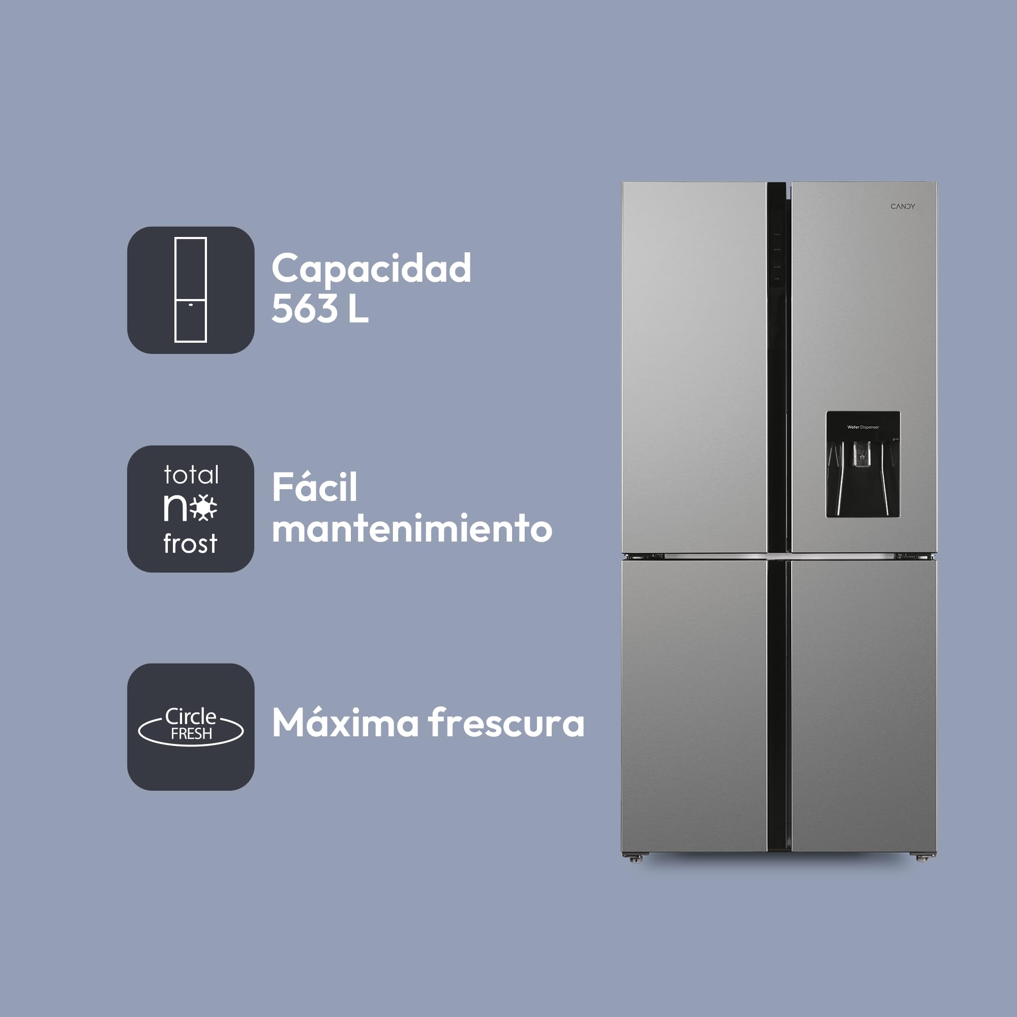Candy CQS5T918EWX1, Frigorífico Americano 4 puertas, AnchoxAlto 91x183cm, Capacidad 560L, Total No Frost Circle+, Dispensador Agua, 2 Cajones Verduleros, Control Digital, Iluminación LED, 37DB, Inox