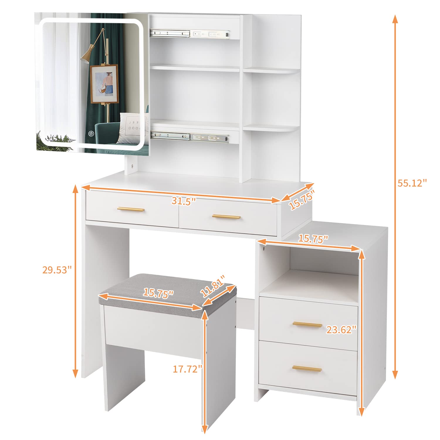AMOPA Particleboard Triamine Veneer 4 Drawers 1 Storage Cabinet 2 Shelves Mirror Cabinet Dressing Table Set Led Three-Tone Light White