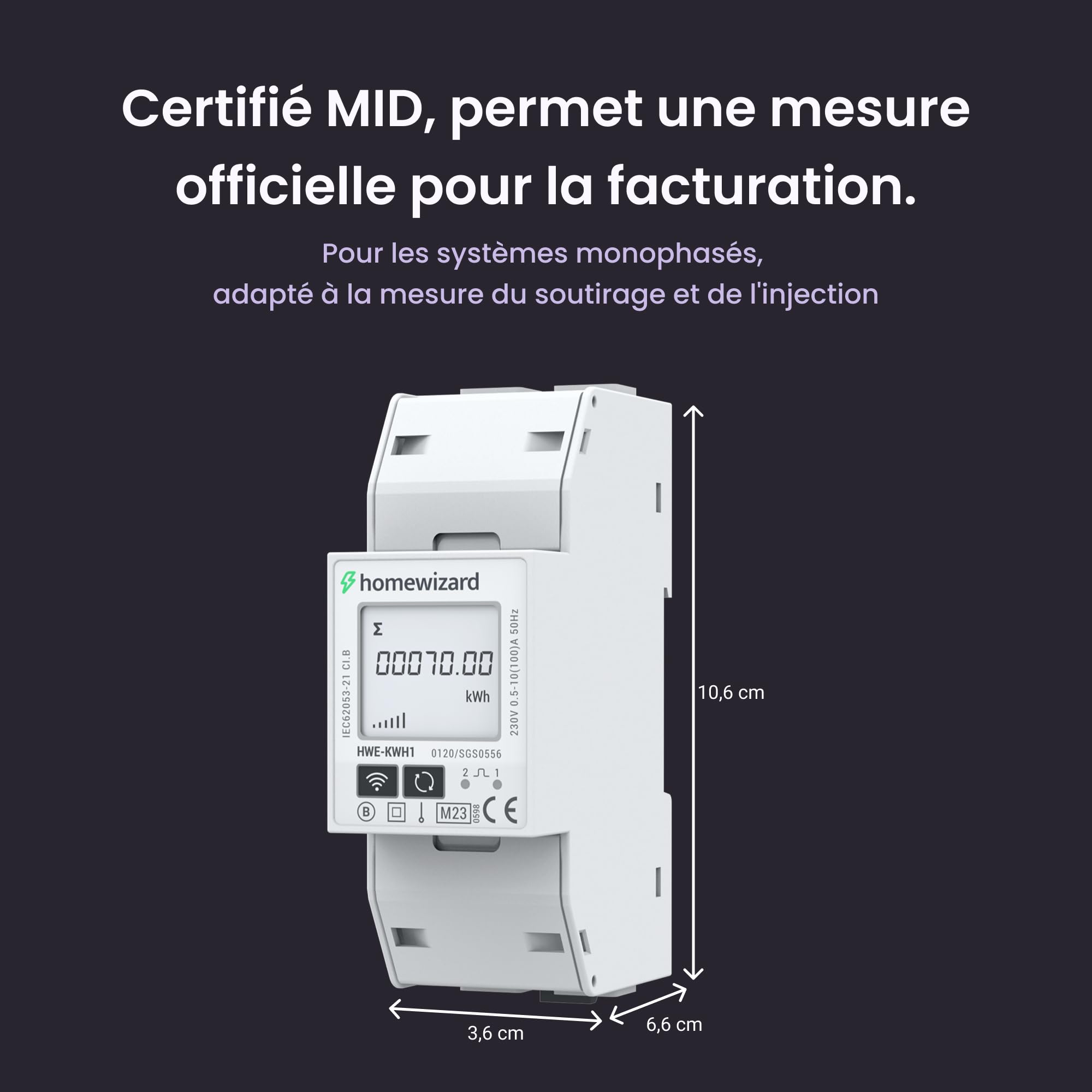 HomeWizard kWh mètre Wi-Fi 1 phase, certifié MID, rail DIN 35 mm, 100 A 230 V, compteur électrique pour solaire, pompe à chaleur, station de charge de voiture électrique, compteur d'alimentation