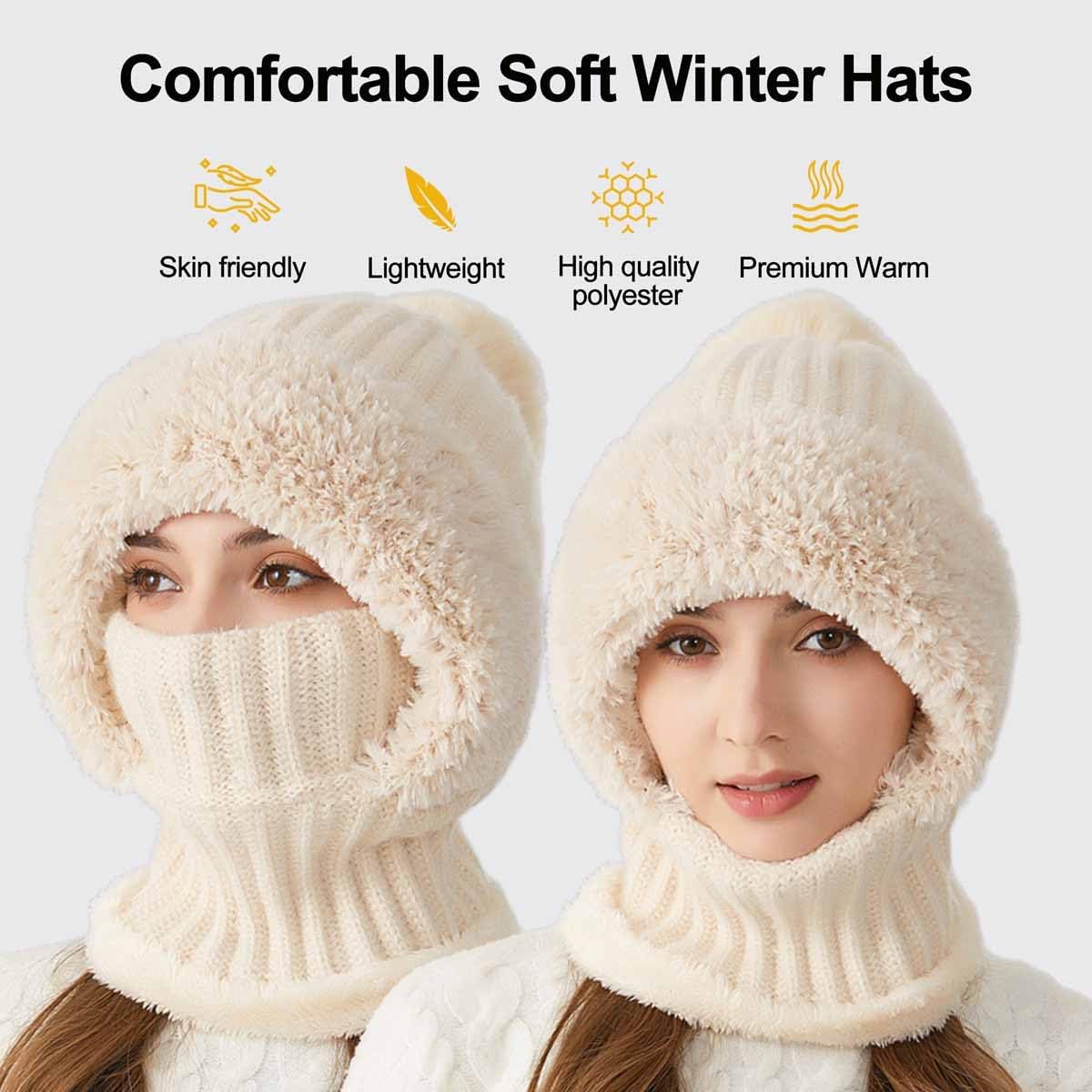 3 in 1 Beanie Hat with Scarf and Mask, Upgrade Women's Knitted Ski Hat, Winter Cold Resistant Hat Face Mask Hooded Scarf - Image 3