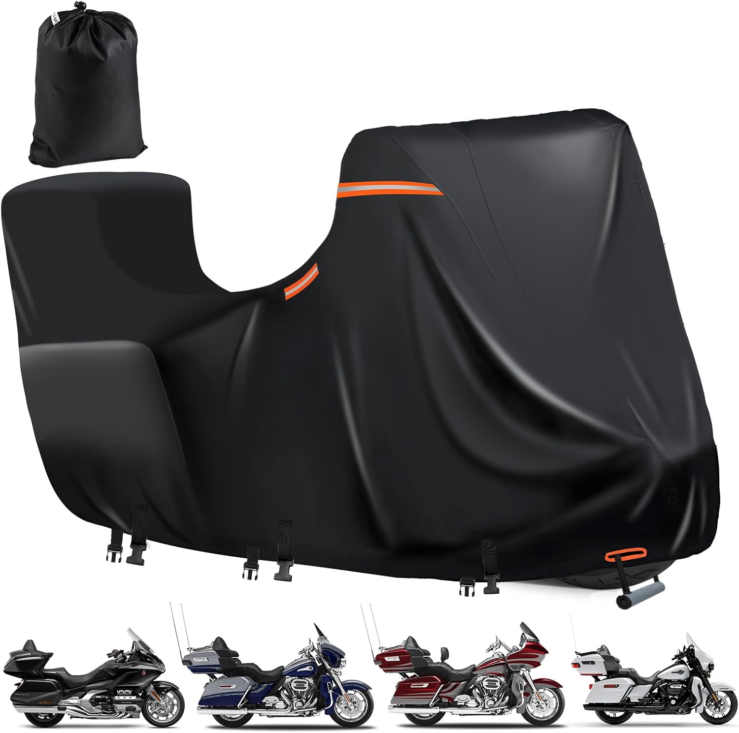 Waterproof Motorcycle Cover with Side+Top Box,600D Heavy Duty Outdoor Motorcycle Cover for Touring Models Ultra Classic,Road Glide Limited,Glold Wing,Roadmaster (118" x 44" x 56" Black)