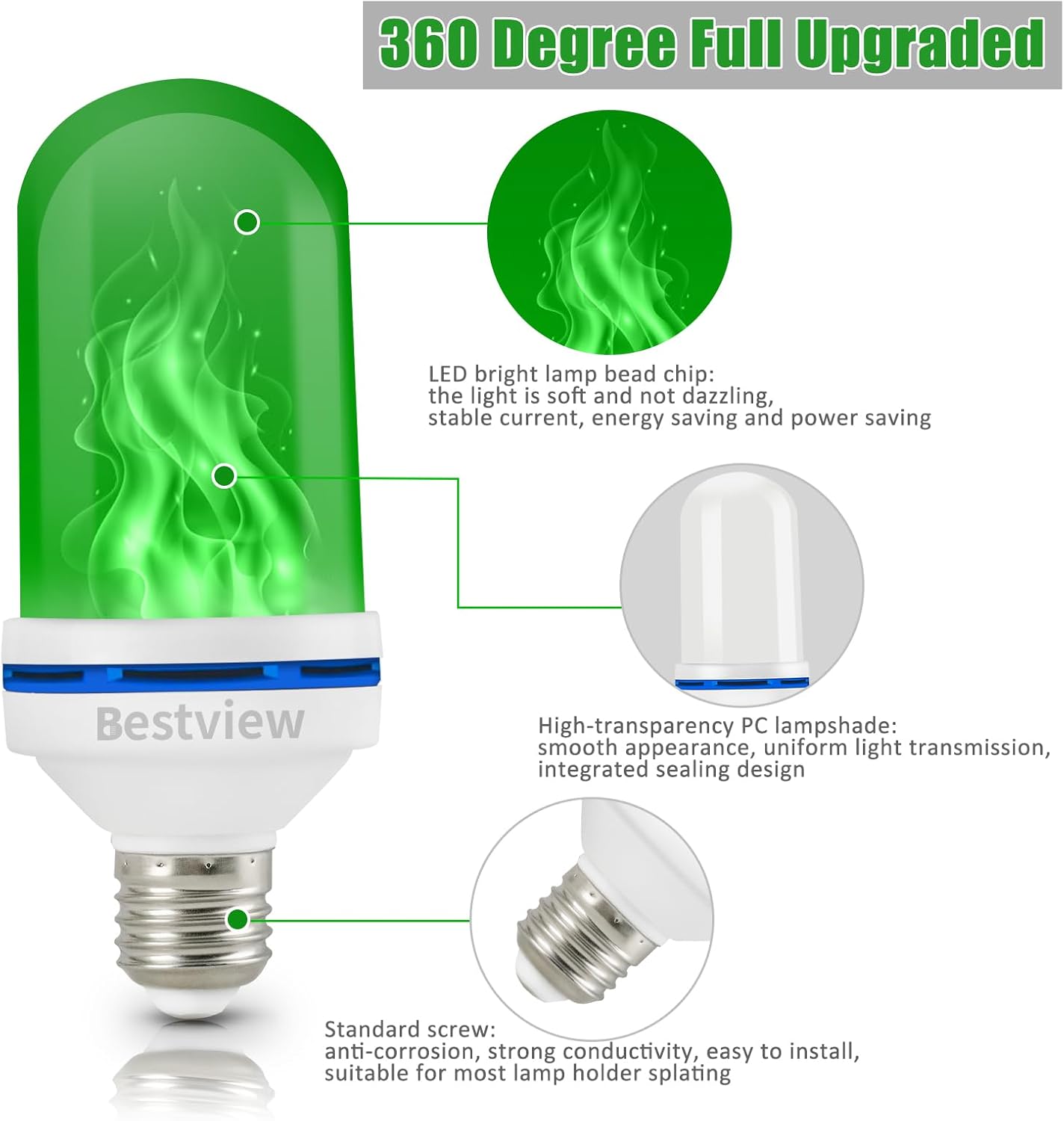 Bestview LED Flame Effect Light Bulbs,4 Modes Smart E26/E27 Base Flickering Fire Light Bulbs with for Halloween, Christmas, Party, Porch, Indoor&Outdoor Home Decoration Lighting (Green &Red)