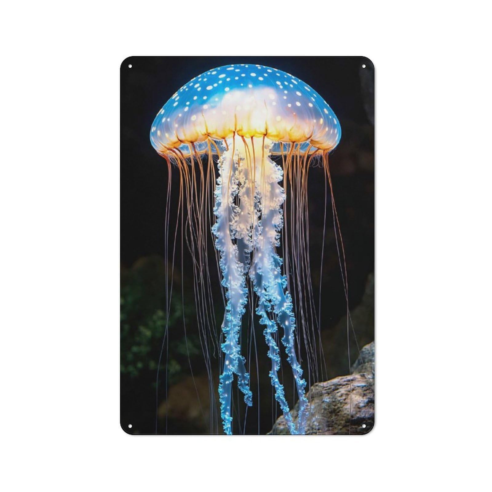 Junmoney Style-2 Workshop Style Bioluminescent Jellyfish In Dark Water Tin Sign 30X20cm, Industrial Wall Art For Garage, Hobby Room, Office Or Man Cave