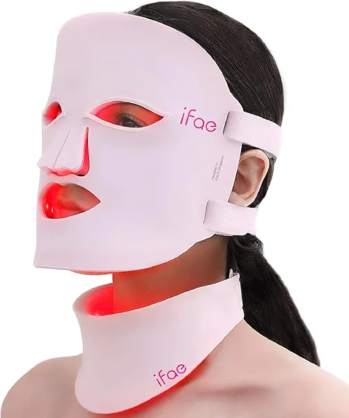 IFAE Red Light Therapy Mask for Face and Neck, 7 Colors Led Face Mask Light Therapy with Eye Protection and Remote, Rechargeable Ergonomic Design for True Anti-Wrinkles Skincare at Home (Pink)