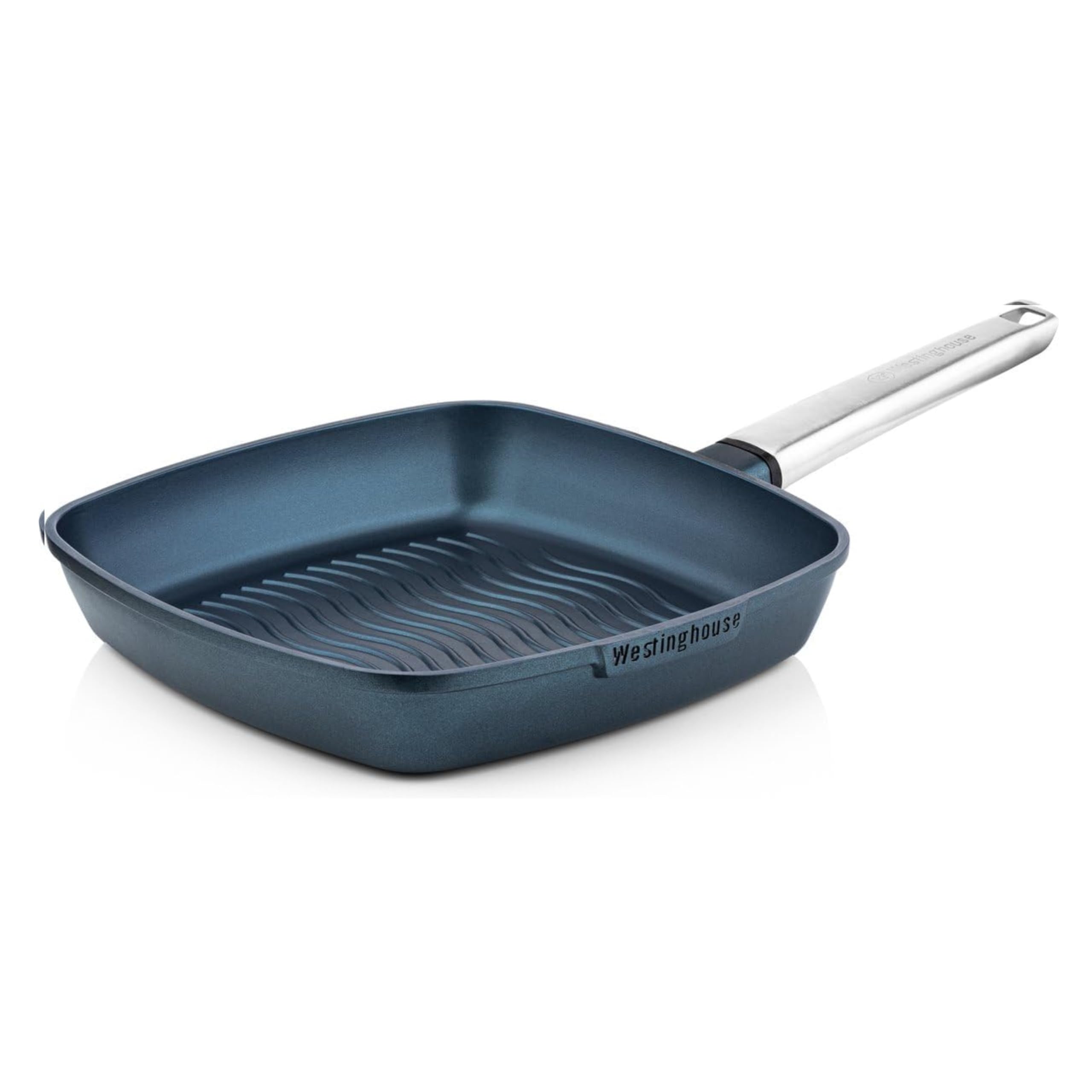 Westinghouse USA 28cm Non-Stick Ribbed Grill Pan – Cast Aluminum with PPG QuanTanium Coating Cookware for Healthy Cooking, Stainless Steel Handle, Induction & Oven Safe – Blue Grill Pan Blue 28 cm