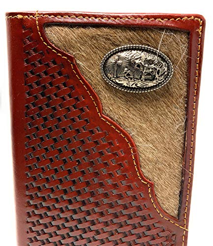 Texas West Men's Cow Fur Cowhide Genuine Leather Praying Cowboy Basketweave Bifold Wallet in 3 Colors (Brown)2