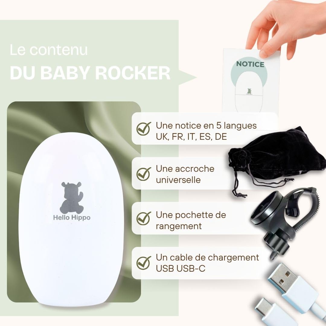 Hello Hippo - Berceur bébé automatique USB-C rechargeable – Baby Rocker - Aide au sommeil pour toute poussette cane nacelle, landau – 3 vitesses– Silencieux, compact, fixation universelle, nomade