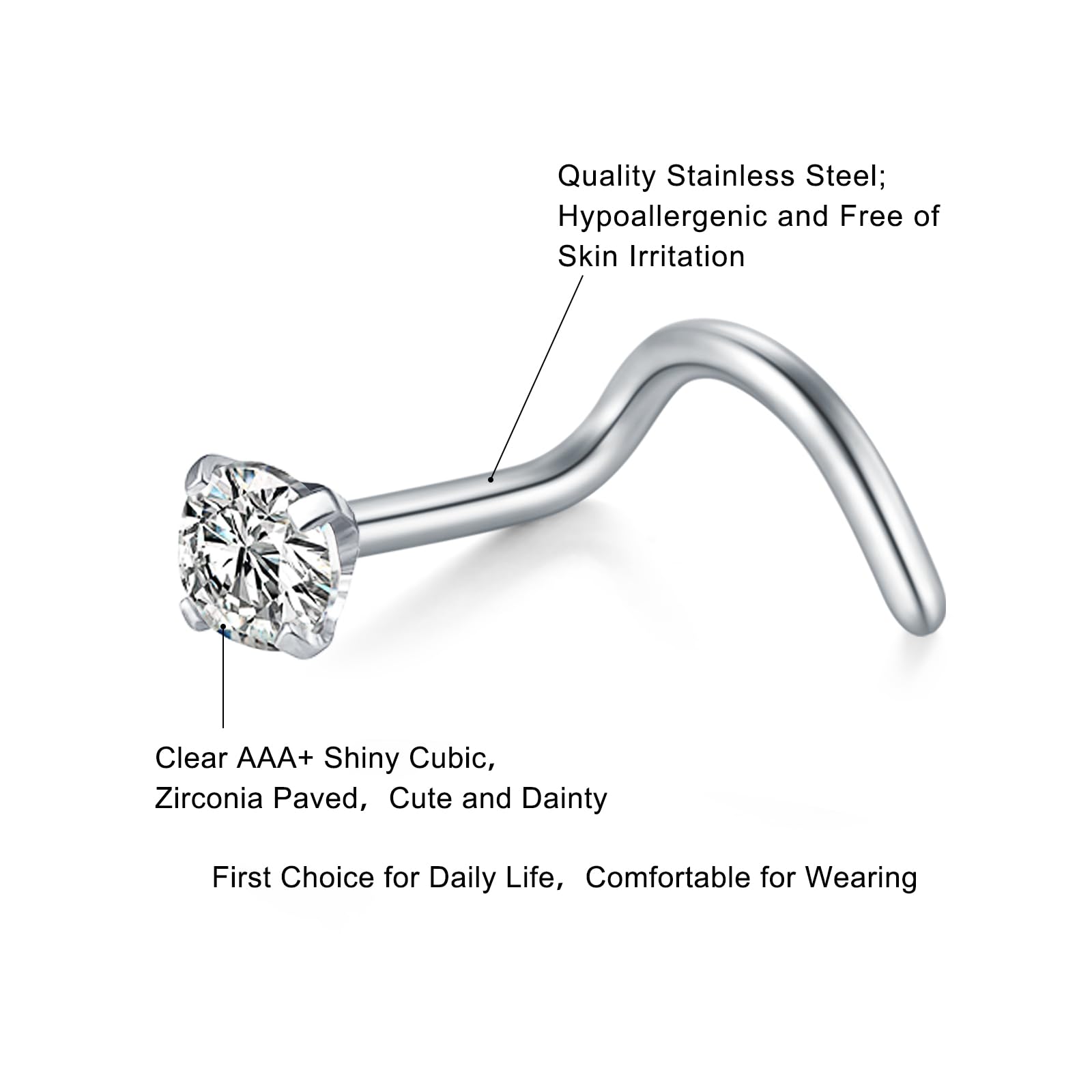 AceFun Piercing nez,8 pièces 20G 22G piercing nez connecteur boulon connecteur nez forme L acier inoxydable diamant petit connecteur nez pour femmes hommes tire-bouchon piercing nez boulon vis
