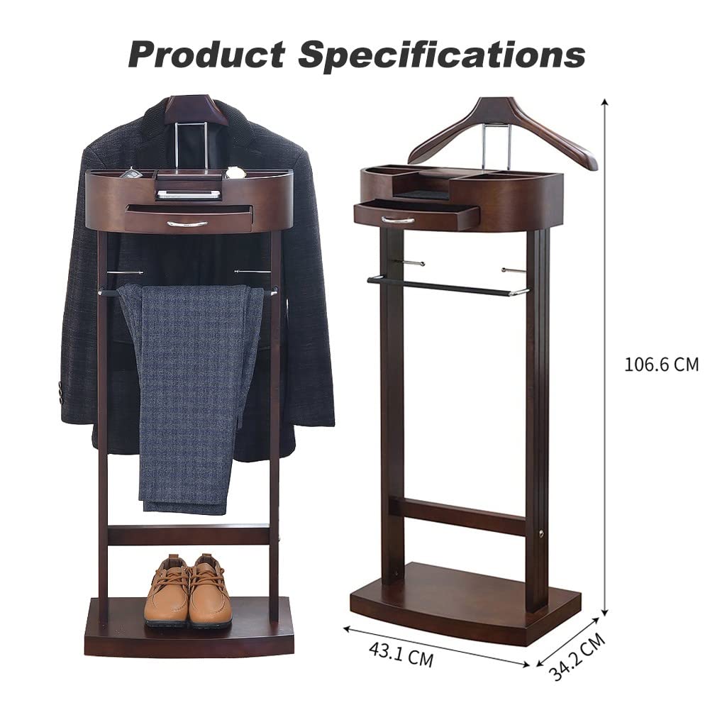 Servomuto, Appendiabiti in Legno, Servo Muto per Abiti e Pantaloni, Design Minimalista Omini Attaccapanni, Materiali Sicuri ed Ecologici, con Cassetti e Scarpiera