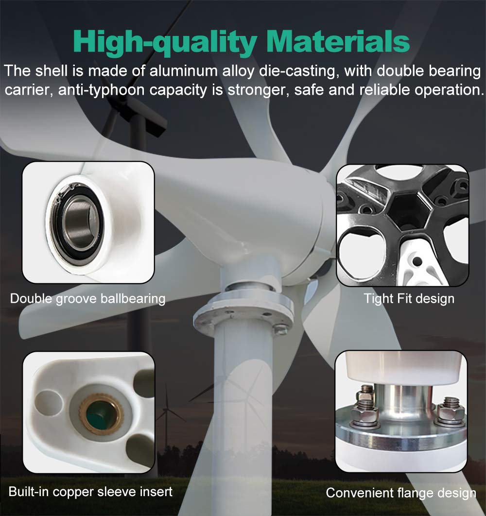 1000W Horizontal Windkraftanlage Komplettanlage 12V 6Flügel Windgenerator mit MPPT Laderegler Windturbine Windräder Garten Windrad für Heimgebrauch Industrielle Farm Stromerzeuger