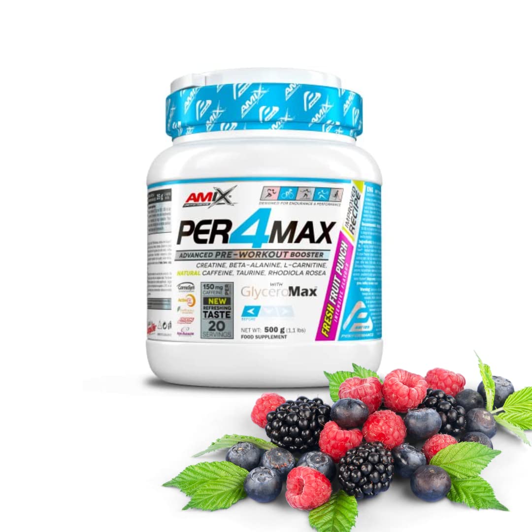 Amix Performance, Per4MAX, Bebida Preentreno, Suplemento de Carbohidratos, Acción Rápida, Bajo contenido en grasas saturadas, Sabor Fruit Punch, 500 gr