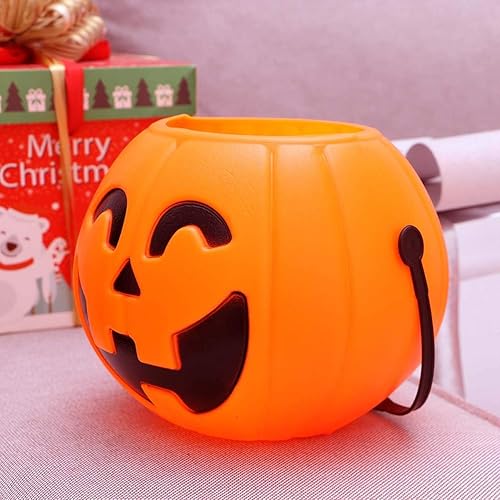 Miniatura 4 de Cubo de calabaza portátil de Halloween de 6.7 in para dulce o truco de calabaza titular de cubo de caramelo 2 piezas