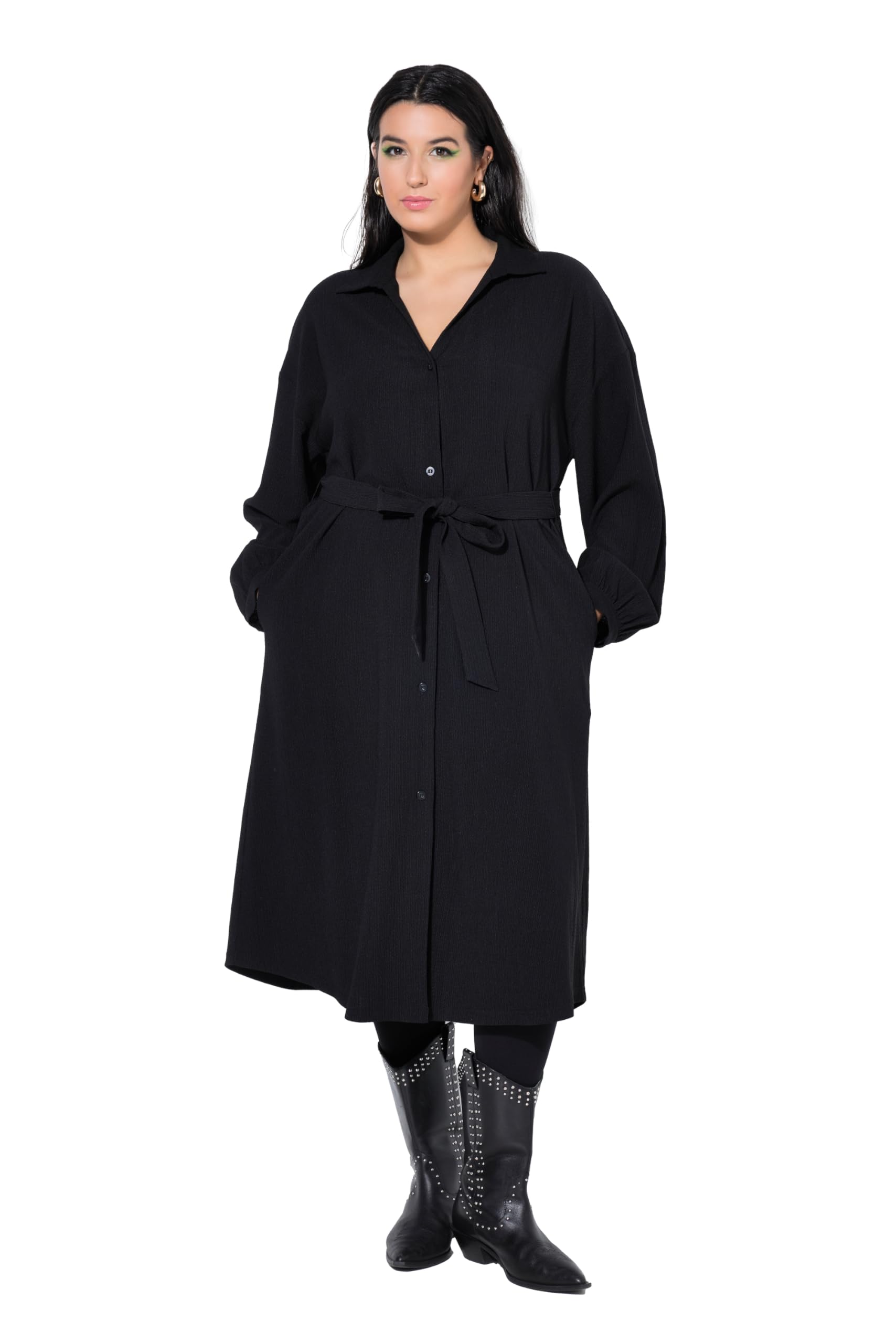 Studio Untold Damen große Größen Übergrößen Plus Size Hemdblusenkleid, A-Linie, Hemdkragen, Bindegürtel 847626