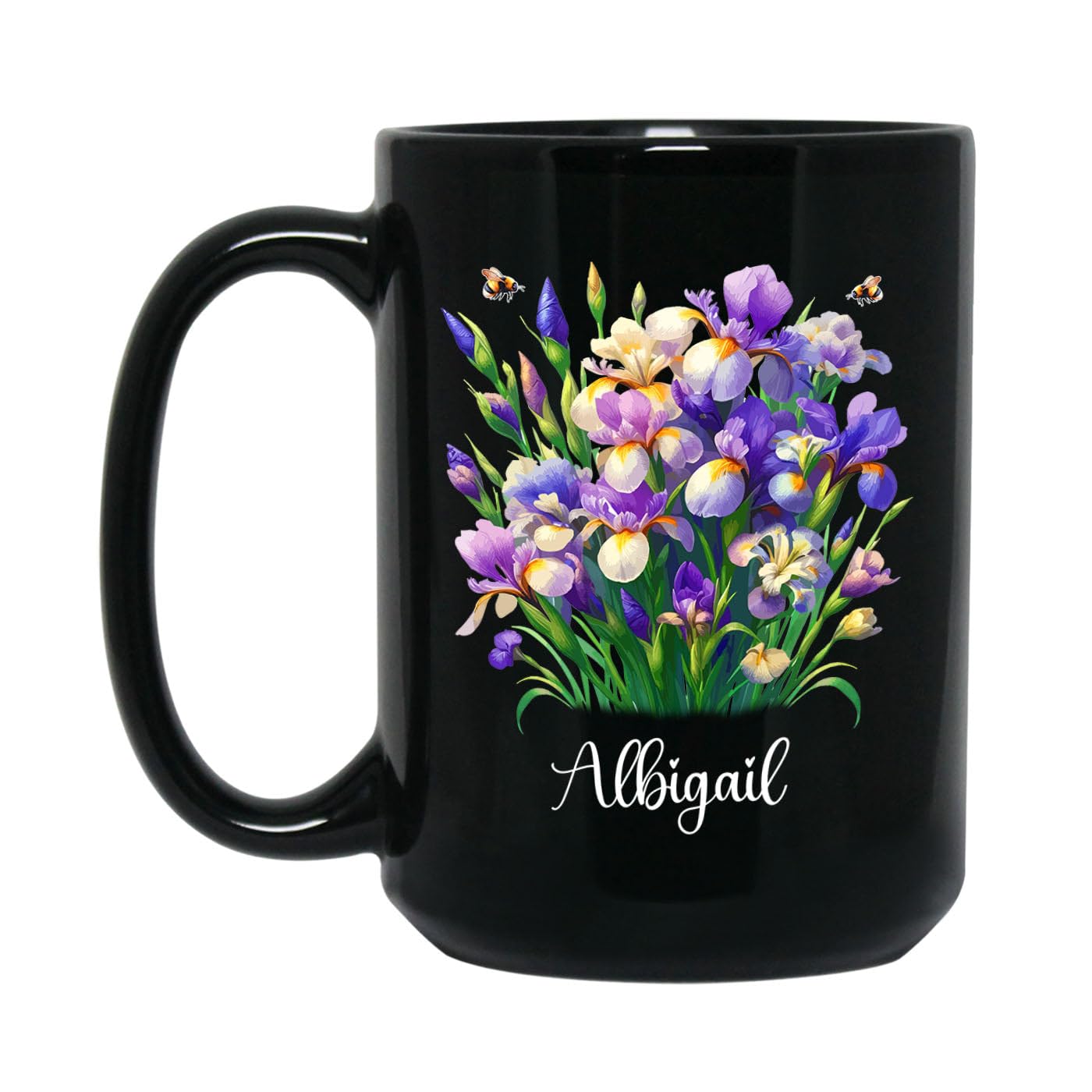 Personalized Name Iris Flower Black Coffee Mug Gift For Birthday Christmas, Iris Lover Ceramic Tea Cup, Custom Iris Coffee Cup 11 Oz 15 Oz, Flower Themed Travel Mug Gift For Iris Lovers, Floral Mugs