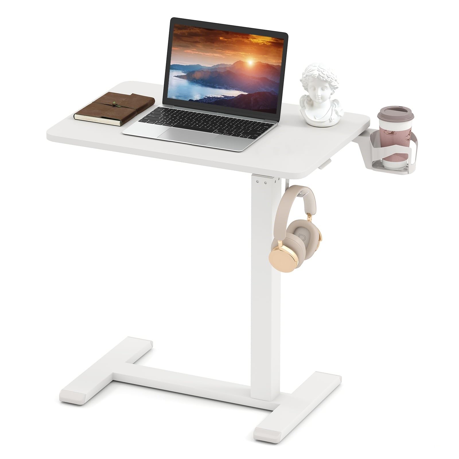 LIFEZEAL Mesa Auxiliar para Sofá en Forma de C, Altura Ajustable, Mesa Lateral para Cama, con Ruedas Ocultas, Soporte para Bebidas, Ganchos para Auriculares (Blanco)