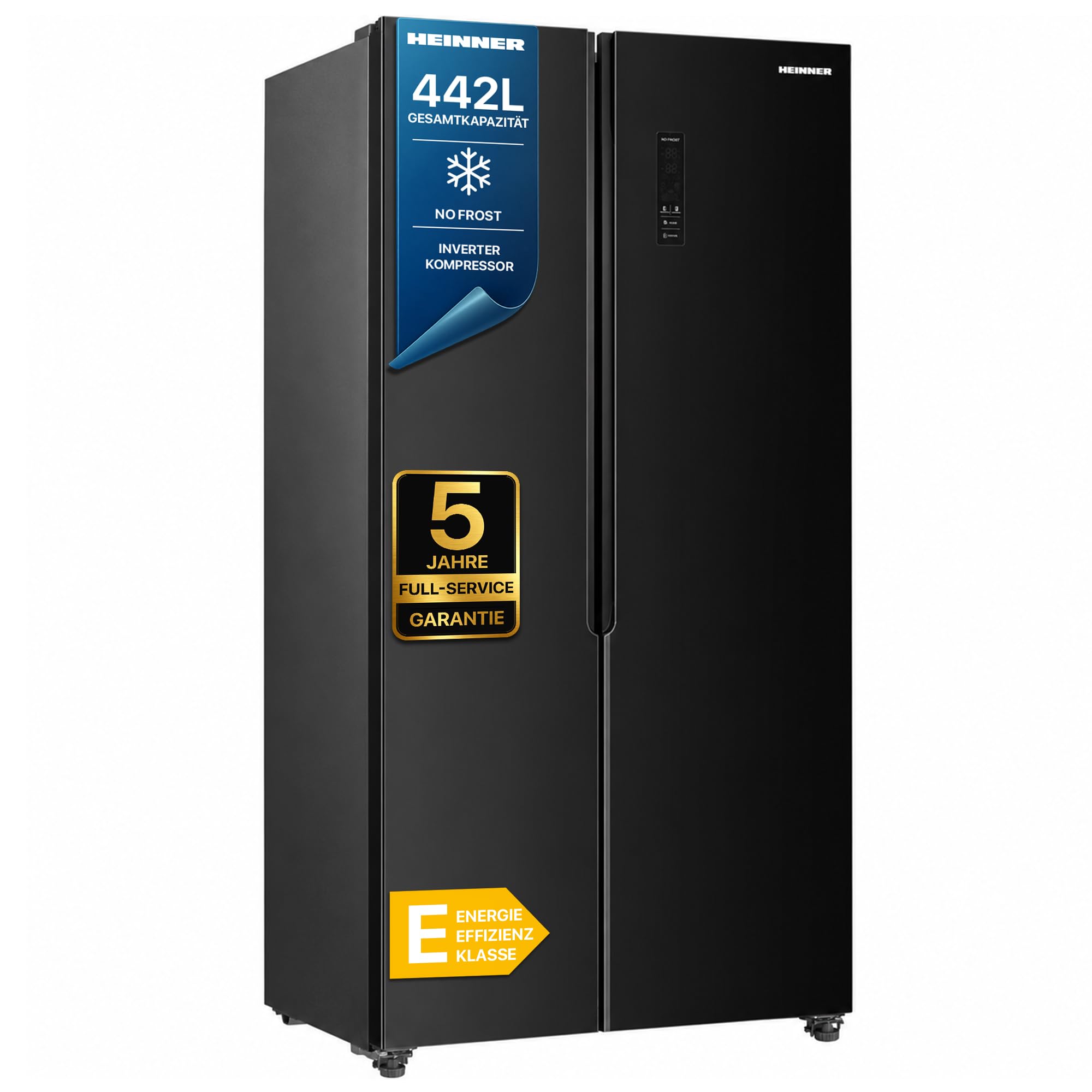 HSBS‑HM442NFGBKE++ Side-by-Side Kühlschrank – 442 L Gesamtkapazität, Energieklasse E, Full No-Frost, LED Touch-Display, Inverter-Kompressor, Schwarzes Glas, 5‑Jahres-Garantie