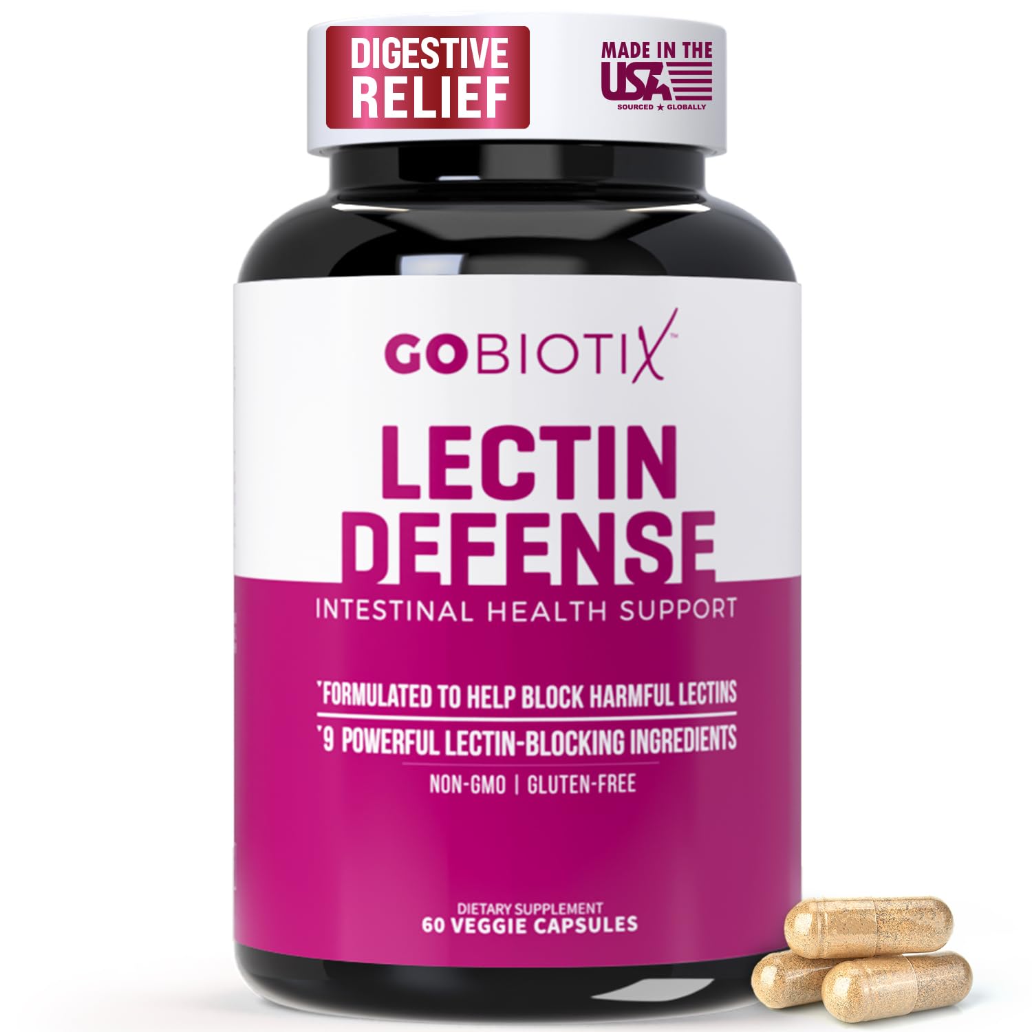 GOBIOTIX Lectin Defense - Lectin Blocker Supplement with MSM and Digestive Enzymes - Aids in Intestinal Health for Women and Men - Non-GMO + Gluten Free - 60 Capsules (1)