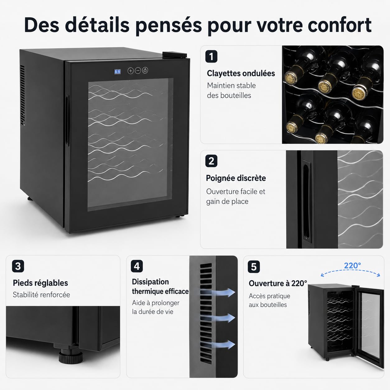 Cave à Vin 20 Bouteilles 48 L Réfrigérateur à Vin avec Température Réglable 12-18 °C, Porte en Verre Trempé, Lumière LED Bleue