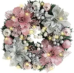 Guirlanda de Natal Decorativa, 30 cm, 20 LEDs Brancos Quentes, com Pinhas e Bolas Vermelhas, 3 Metros de Fio (Prata)