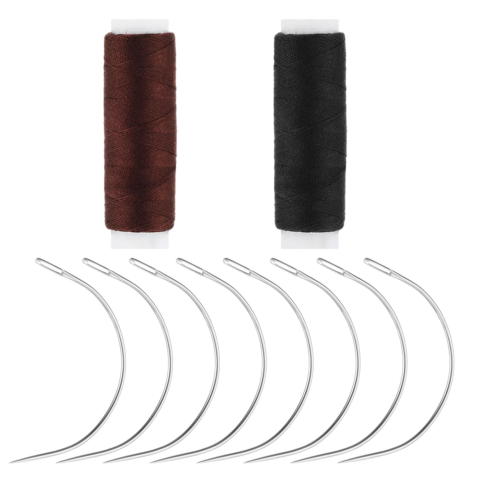 Bruislard Aiguille et fil avec 8 aiguilles coudées et 2 fils de cuir ciré - Kit de couture pour perruque, bricolage, couture à la main, tissage de cheveux (marron, noir)