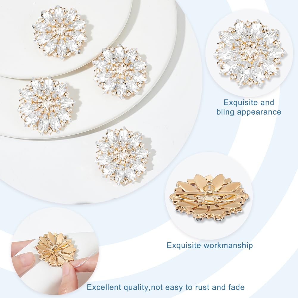 FINGERINSPIRE 4Pcs Flower Alloy Clear Rhinestone Shank Buttons 4cm Bouquet Rhinestone Buttons with 1-Hole and Light Gold Buttom Sew On Crystal Embellishments Metal Button for Craft DIY Decoration - Image 3