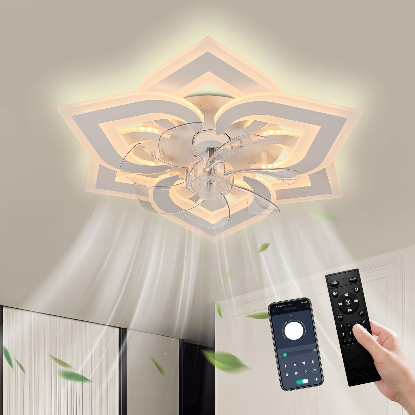 Cainjiazh Ceiling Fan with Lights Low Profile Ceiling Fan with Lights Dimmable LED Fandelier 6 Speeds 3 Color White Fan for Bedroom Kids Room Living Room — image 1