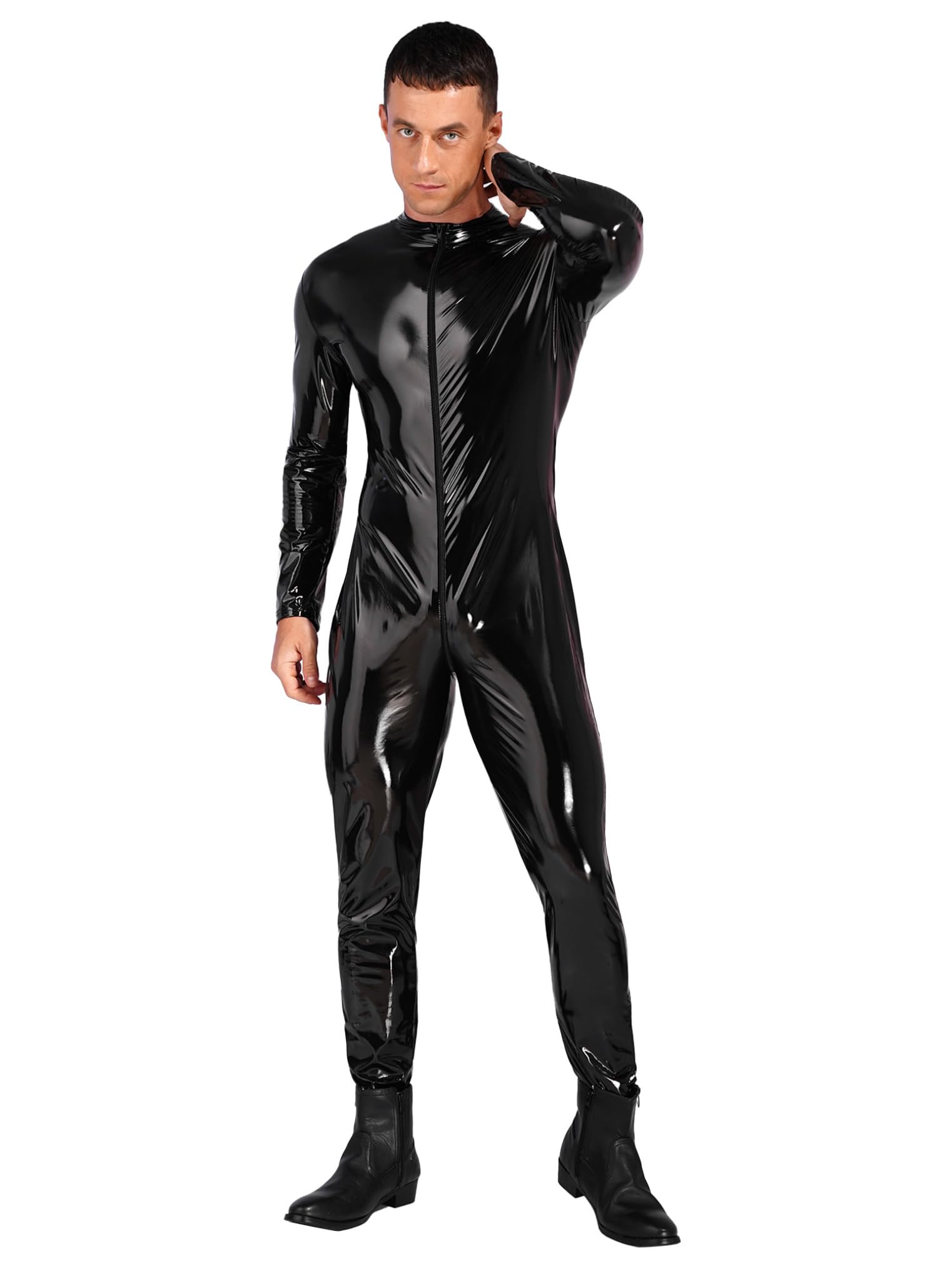 Freebily Body da Uomo Intero Intimo Sexy Hot per Sesso Tute Aderente Catsuit in Vernice con Cerniera Cavallo Wetlook Bodysuit Lucida Manica Lunga Latex Lingerie Erotico