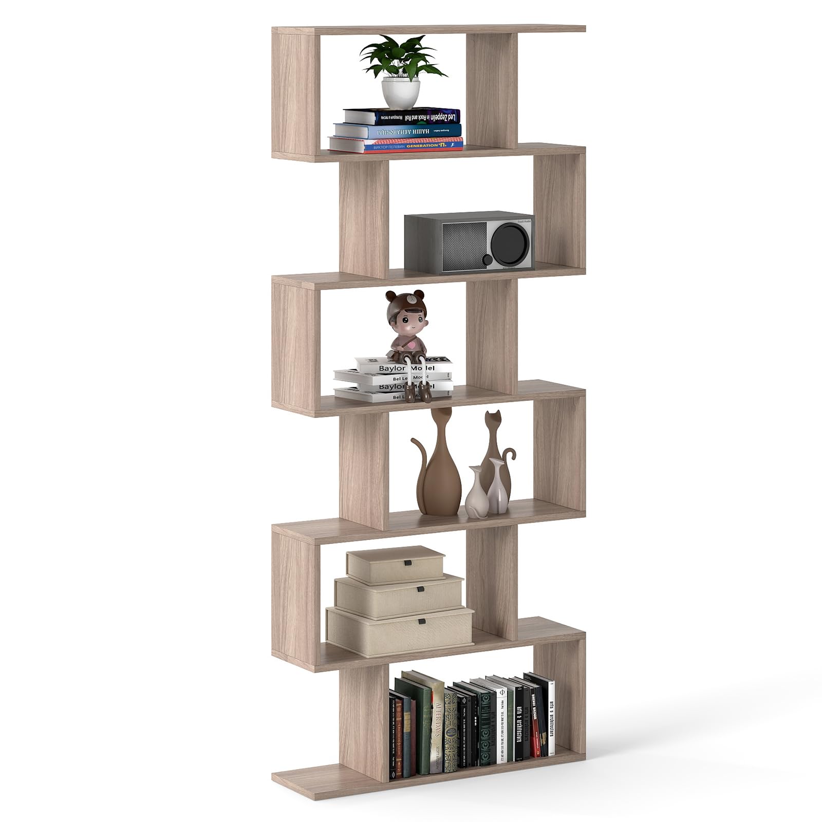 COSTWAY Bibliothèque à 5 Niveaux En Forme De S, 6 Compartiments, Étagère De Rangement, Meuble