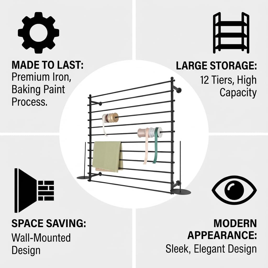 DYRABREST Wall Mounted Ribbon Organizer Rack, Metal Wrapping Paper Organizer Storage, Removable 12-Tier Hijab Organizer, 80lbs Load Capacity for Home, Craft Room, Flower Shop (Black, 47.2 x 47.2 in)