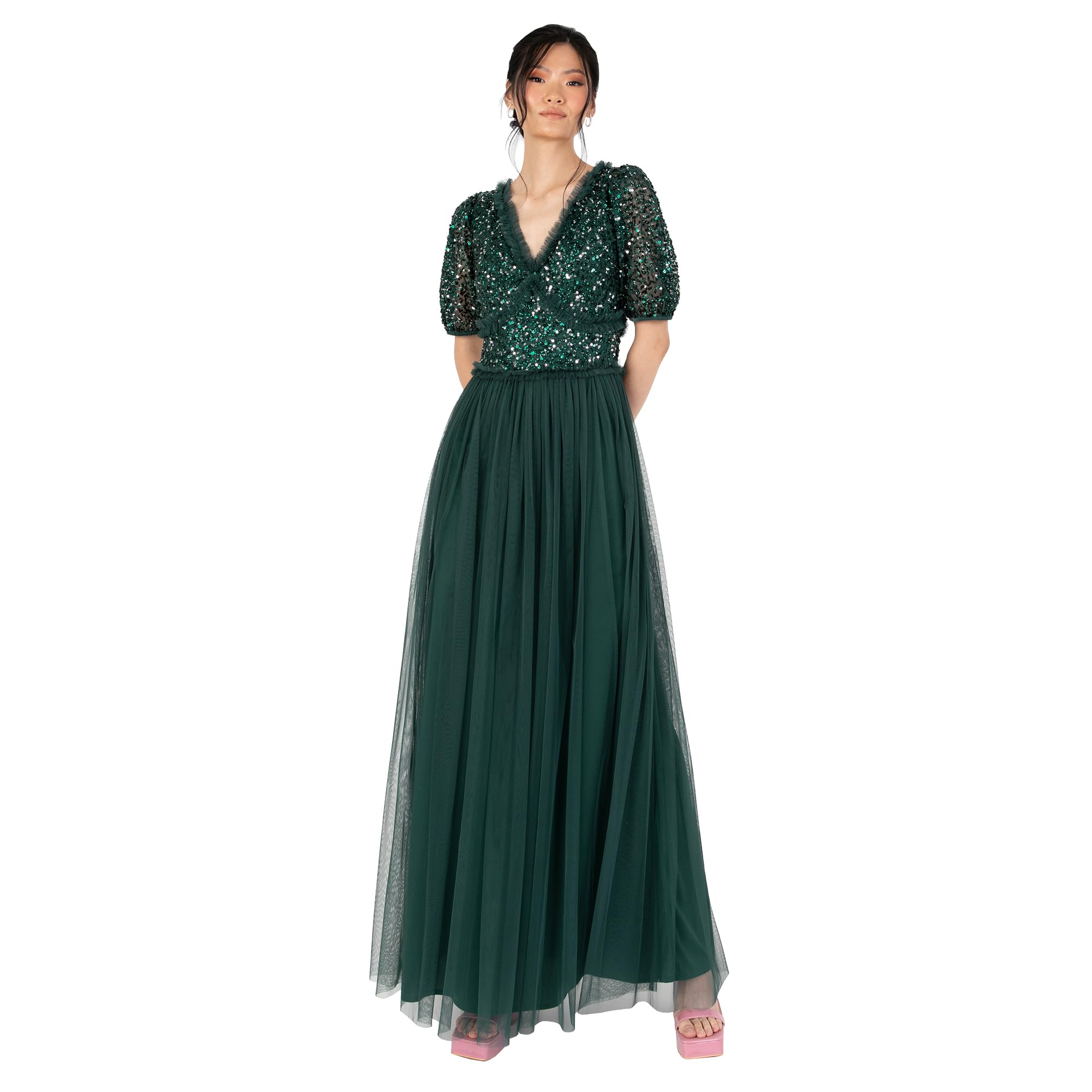 Maya Deluxe Women's Maxi Dress Ladies V-Neck Short Sleeve Sequin Embellished Tulle Ruffle for Wedding Guest Bridesmaid Ball Gown Dress