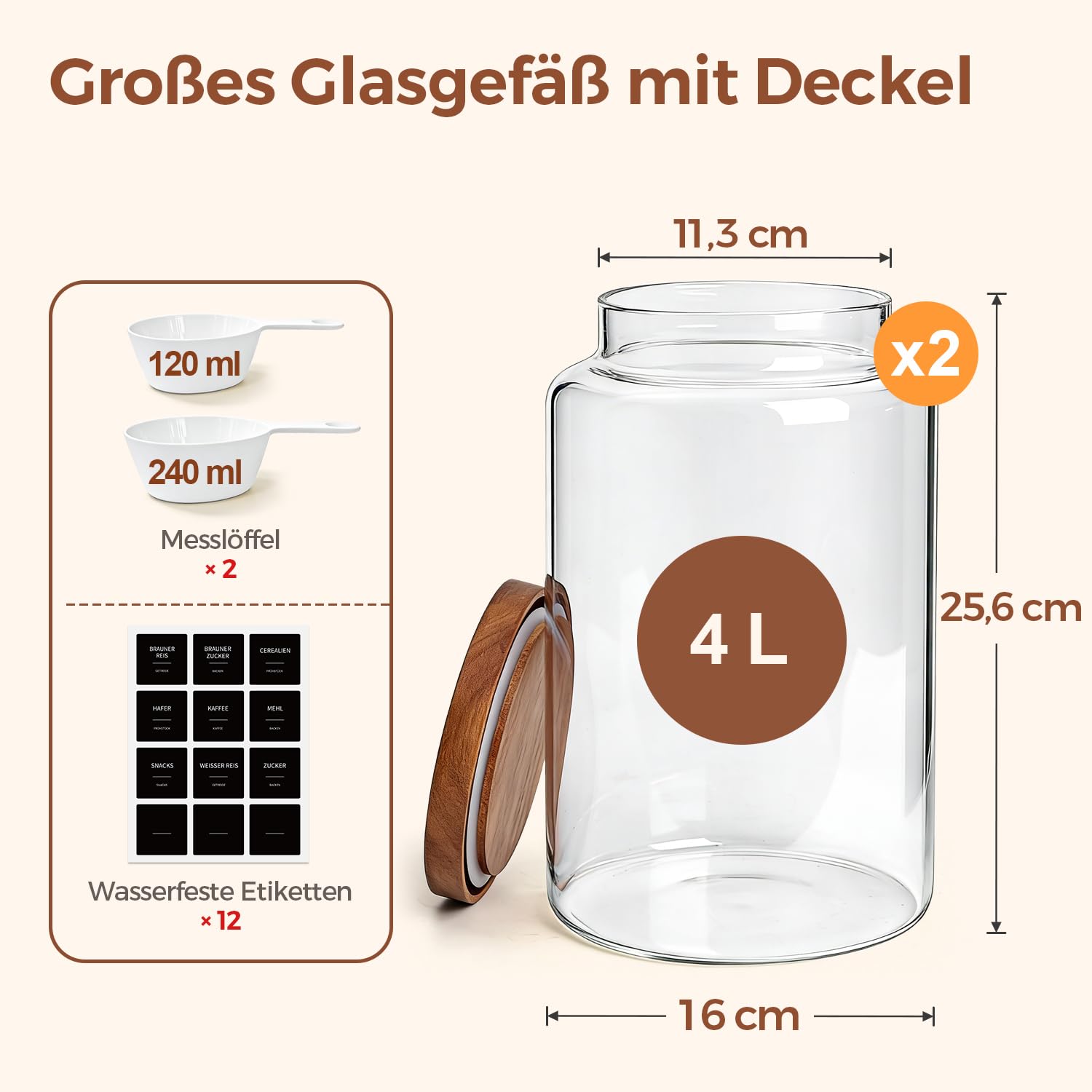 ComSaf Vorratsgläser mit Deckel, Glasbehälter, Vorratsdosen Glas 3,9 L × 2, Zylindrisch Borosilikatglas, Akazienholzdeckel Luftdicht mit Messlöffel & Etiketten für Mehl, Cornflakes, Müsli, Keks