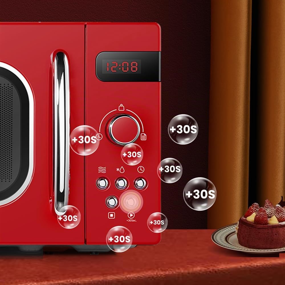 Comfee CMSRO 20 di rd Micro-ondes rétro avec 8 menus automatiques, 5 niveaux de puissance de cuisson, bouton de cuisson express, 20 L, 800 W, rouge passionné