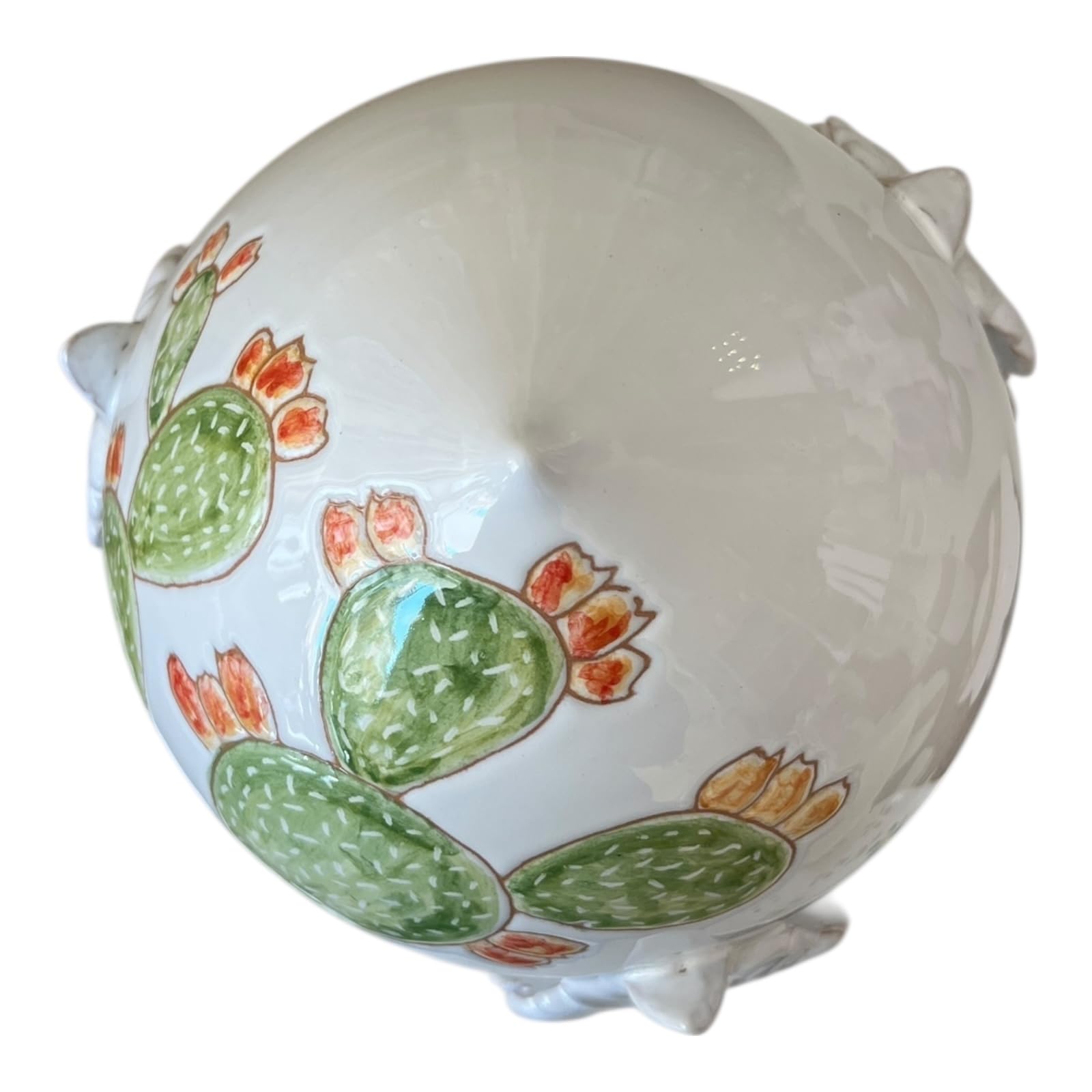 Pumo Pugliese in Ceramica, Bianco con Decorazioni Fico d'India, Pezzo Unico Firmato dall'Autore, 25 cm
