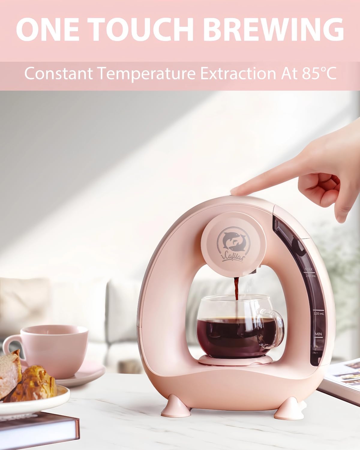 i Cafilas Coffee Maker per caffè macinato, Mini Q Americano 2-in-1 Coffee Brewer,mini One Cup Coffee Brewer/Tea Maker con filtro per caffè, Coffee Maker elettrico Mi ni, 120-240 ml, Rosa